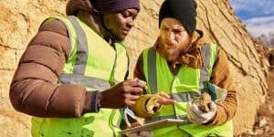 Waist up portrait of two industrial workers wearing reflective jackets, one of them African, inspecting mineral ore on site outdoors and using digital tablet