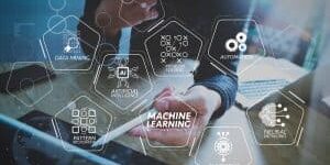 Machine learning technology diagram with artificial intelligence (AI),neural network,automation,data mining in VR screen.Website designer working digital tablet dock keyboard and computer laptop with smart phone.